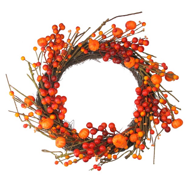 Northlight Red And Orange Fall Berry And Mini Pumpkin Artificial Thanksgiving Wreath 20 inch Unlit