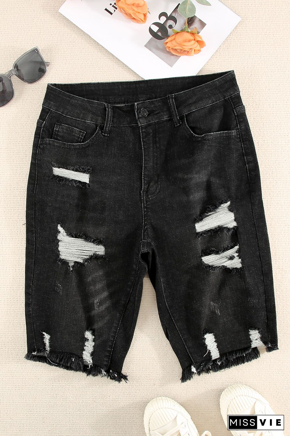 Black Ripped Tassel Bermuda Jean Shorts