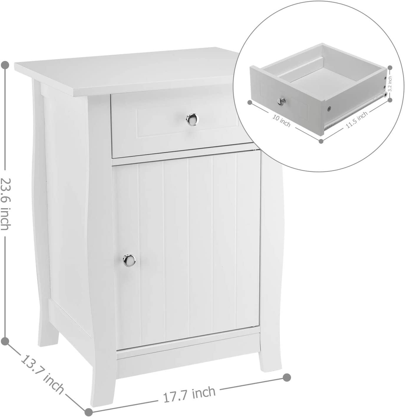 VINGLI White Nightstand with Drawers and Door, Bedroom Wood Bedside Table