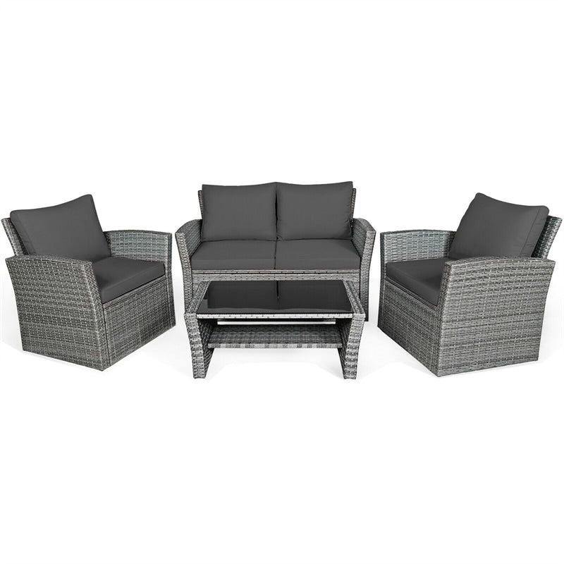 4 Pcs Rattan Patio Sectional Furniture Set with Storage Shelf Table, Cushioned Outdoor Wicker Conversation Sofa Set