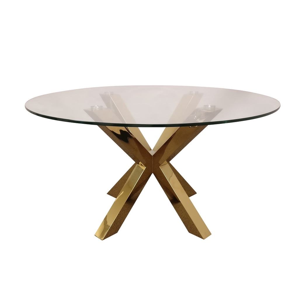 Clear Glass Top Dining Table with X Cross Medal Base