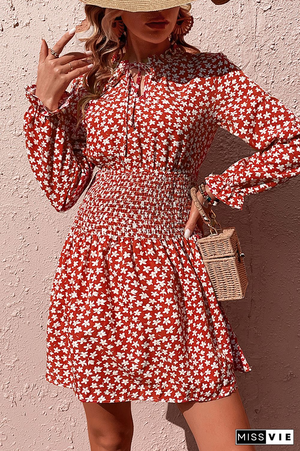 Red Floral Split Frill Collar High Waist Swing Dress