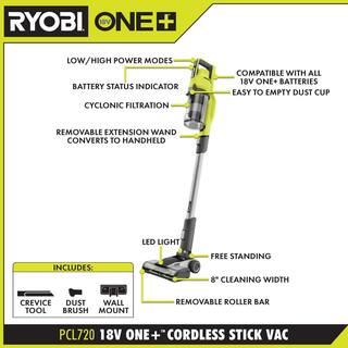 RYOBI ONE+ 18V Cordless Stick Vacuum Cleaner Kit w 4.0 Ah Battery Charger  ONE+ Cordless SWIFTClean Spot Cleaner PCL720K-PCL756B