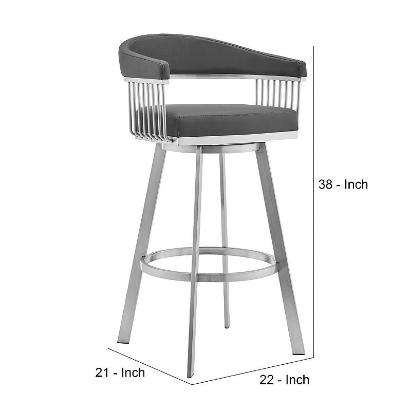 Swivel Barstool with Open Frame and Slatted Metal Arms， Gray and Silver