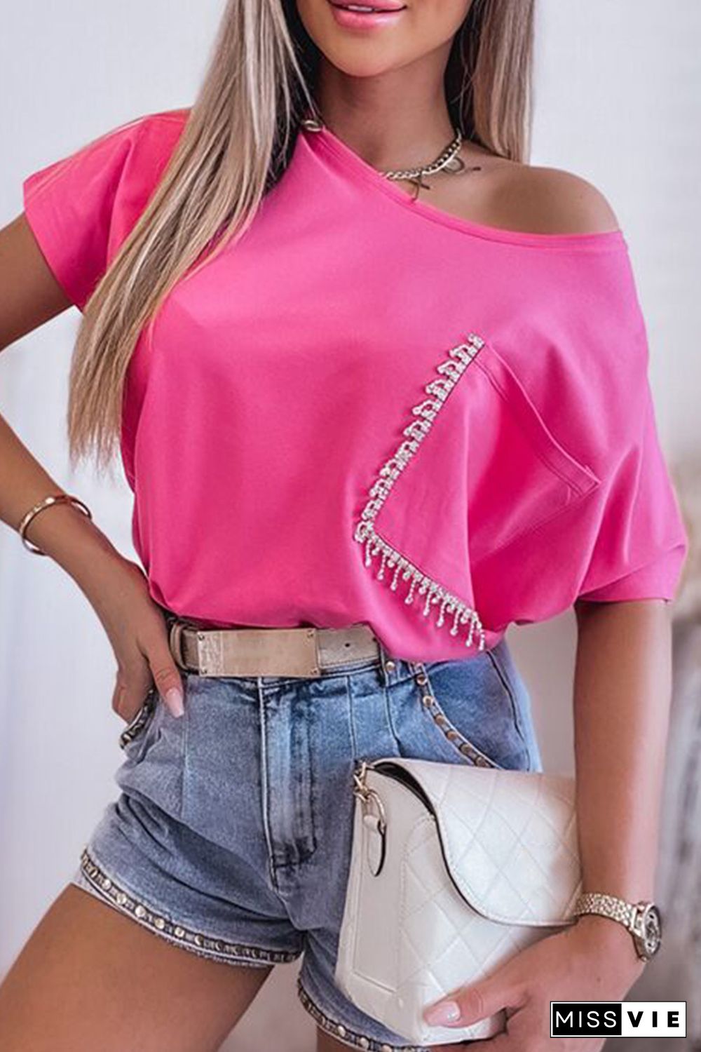 Rose Rhinestone Fringed Pocket Short Sleeve T-shirt