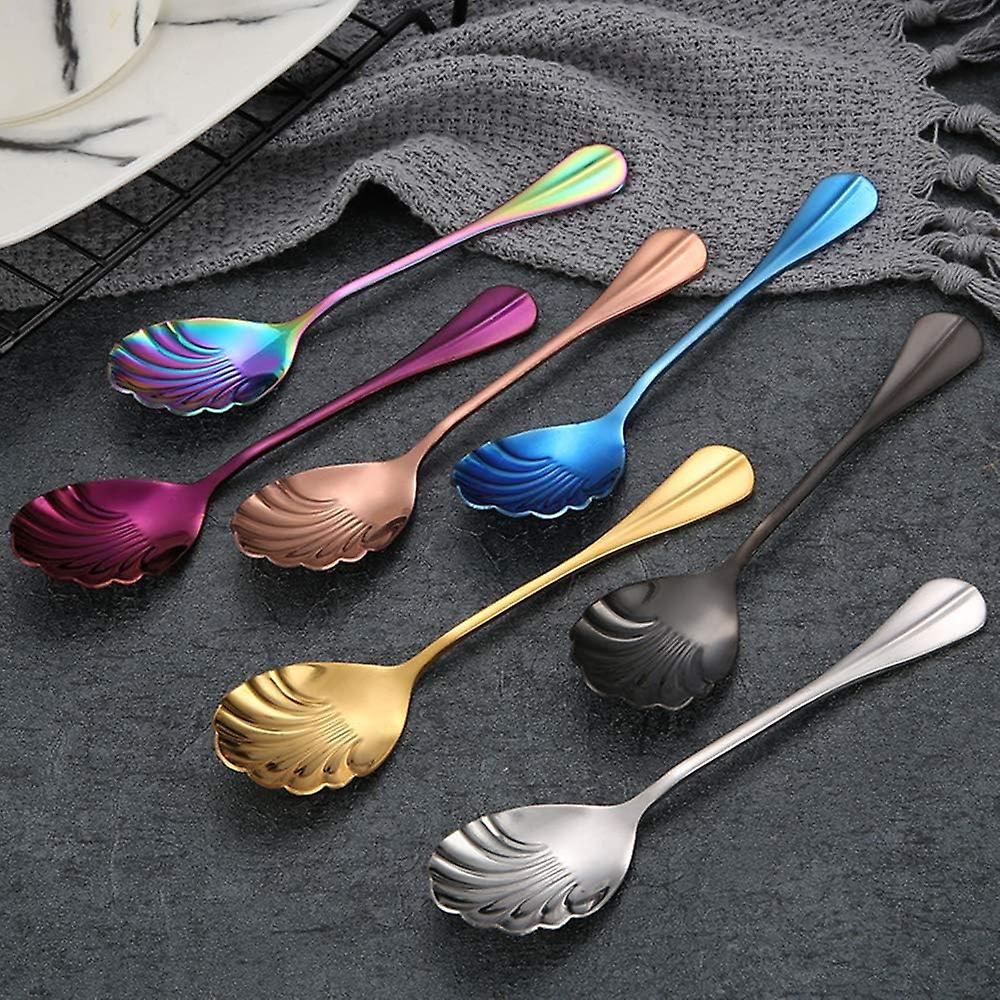 Shell Shape Tea Spoon Set， Colorful Stainless Steel Tea Dinner Table Mixing Spoon Kit， Dessert Coffee Sugar Spoon For Ice-cream， Milkshake， Coffee And