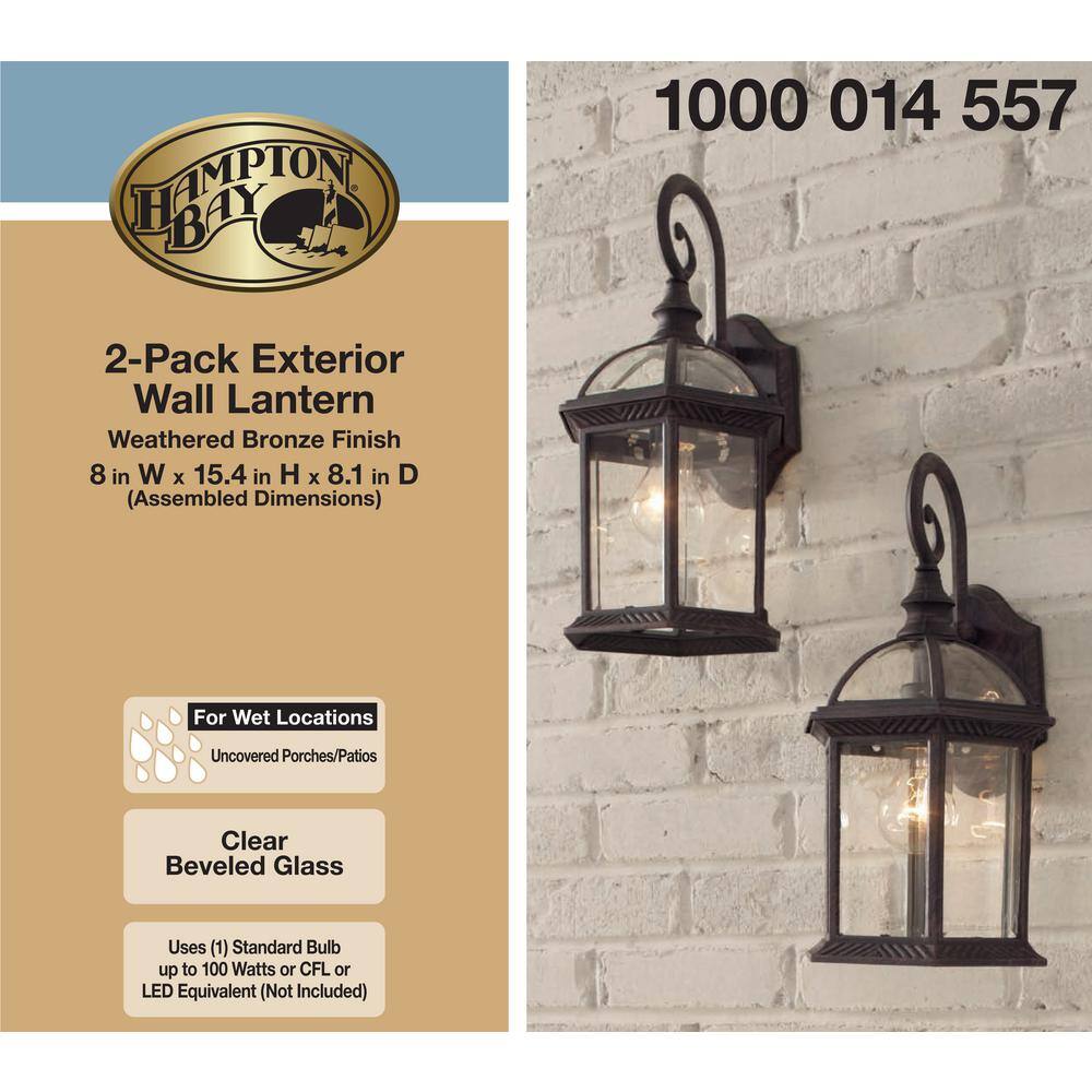 Hampton Bay Wickford 1-Light Weathered Bronze Outdoor Wall Light Fixture with Clear Glass (2-Pack) 7072-2RT