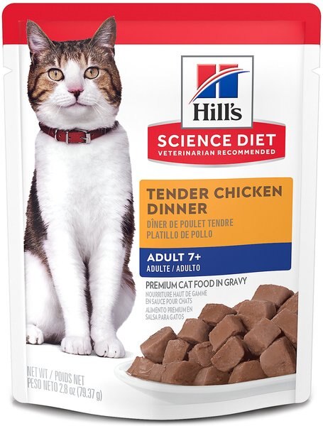 Hill's Science Diet Adult 7+ Tender Chicken Recipe Cat Food， 2.8-oz pouch， case of 24