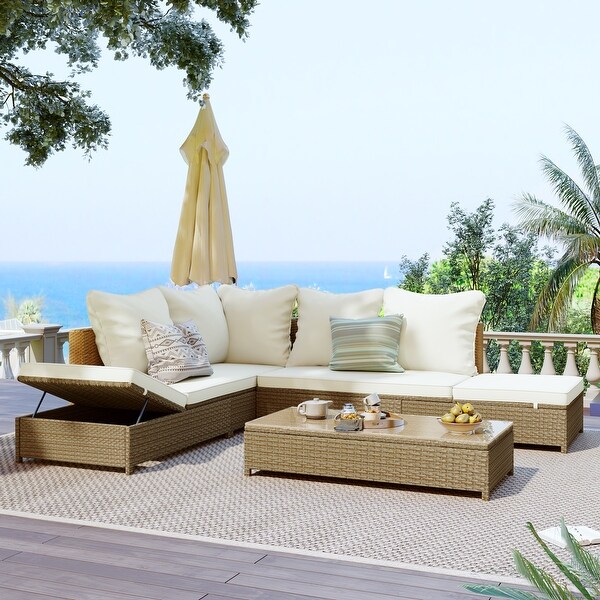 3 Piece Rattan Sofa Set PE Wicker Sectional Set with Adjustable Chaise Lounge Frame and Tempered Glass Table for Outdoor - Overstock - 36214502