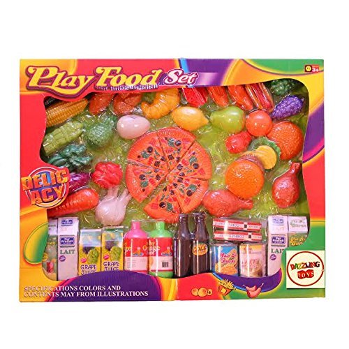 dazzling toys Toy Food  Assorted Food Playset - 65 Piece - Includes Plastic Toy Pizza， Fruits and Vegetables， Milk， Juice and Other Bottles and Containers and More