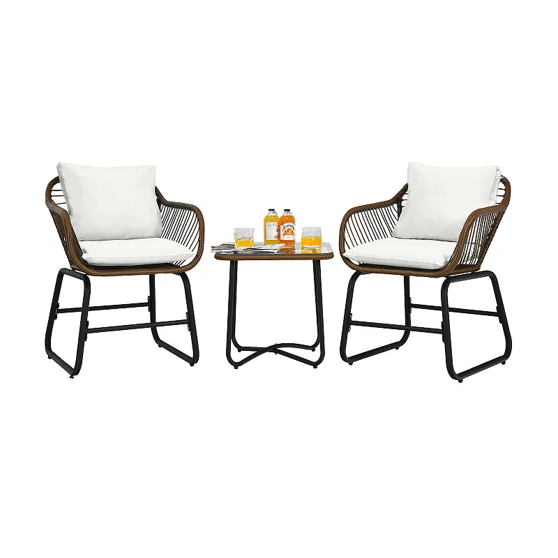 3 Pieces Patio Rattan Bistro Set Cushioned Chair Glass Table Deck