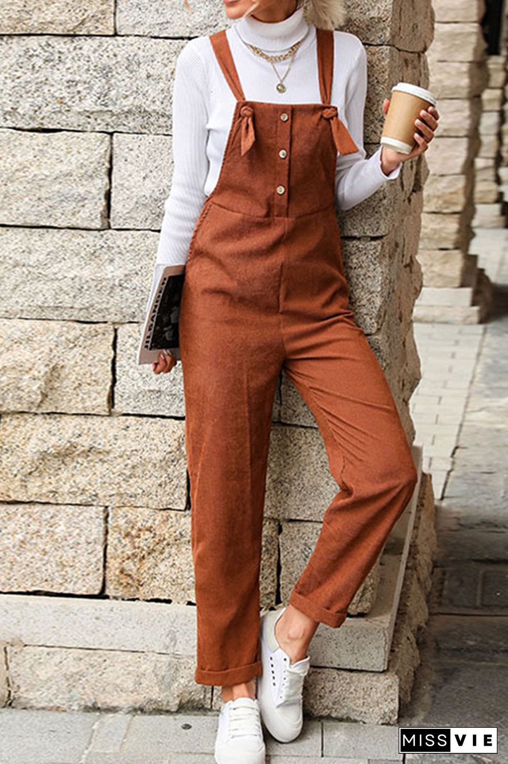 Brown Button Down Tie Strap Corduroy Jumpsuits