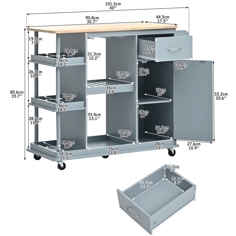 Multipurpose 5 Wheels Kitchen Island Cart Cabinet with Storage Shelves and Wine Rack for Dining Room  Bar