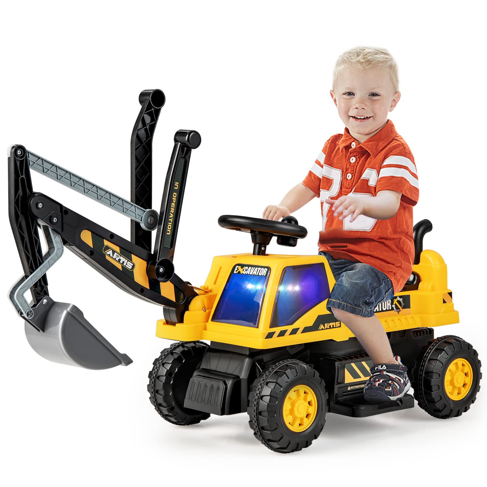 Costzon Ride on Excavator, 6V Battery Powered Digger with Under Seat Storage (Yellow)