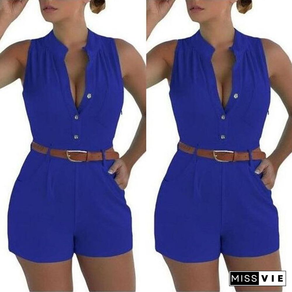 Women's Fashion Candy Color Sleeveless Stand Collar Casual Shorts with Belt Jumpsuit