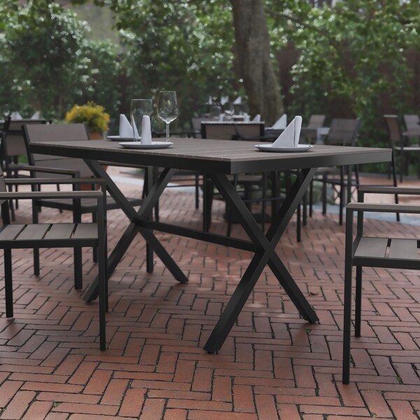 Commercial 59 x 35.5 Cross Frame Faux Teak Outdoor Patio Table