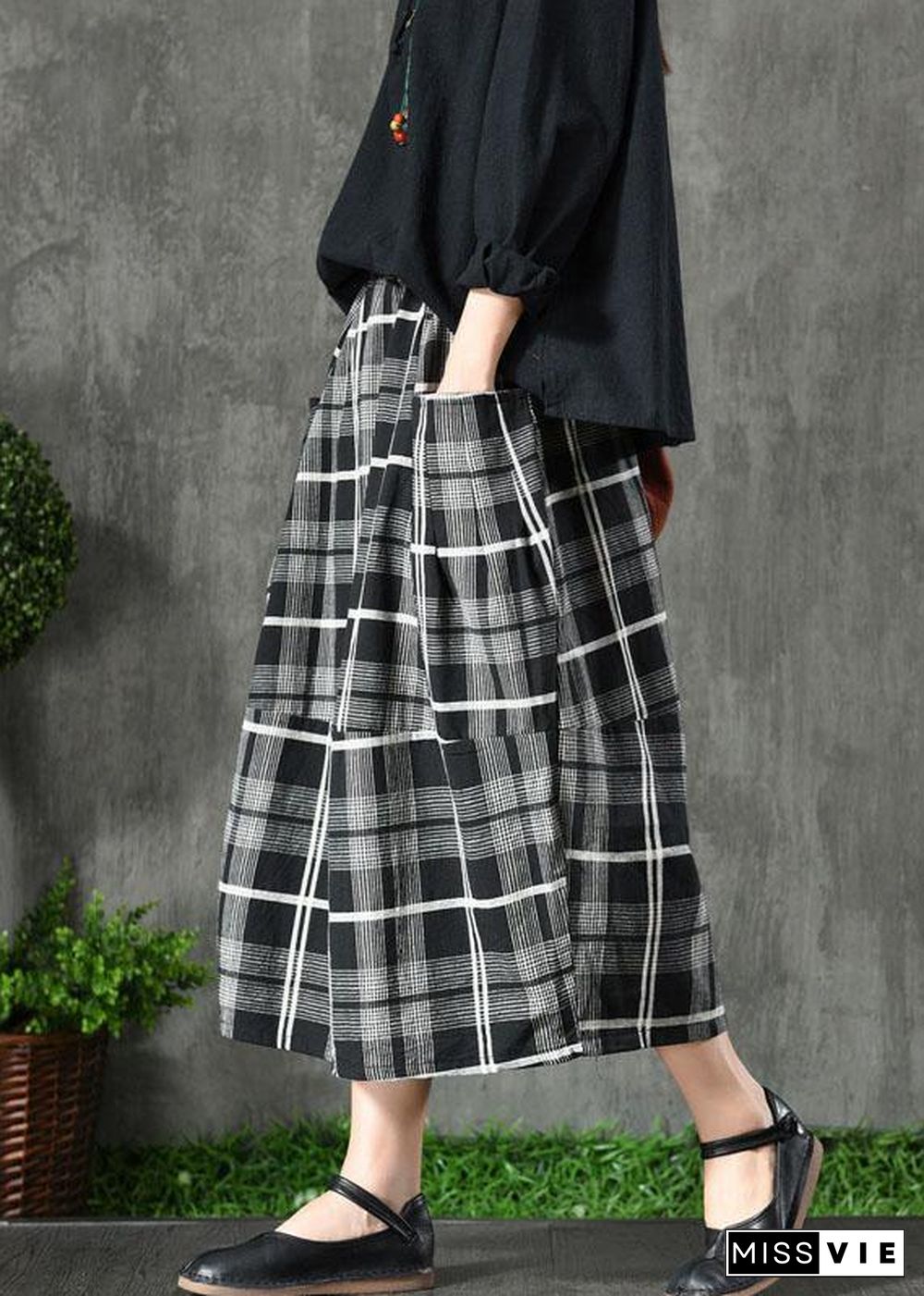 Vintage Black Plaid Pockets Patchwork A Line Fall Skirts