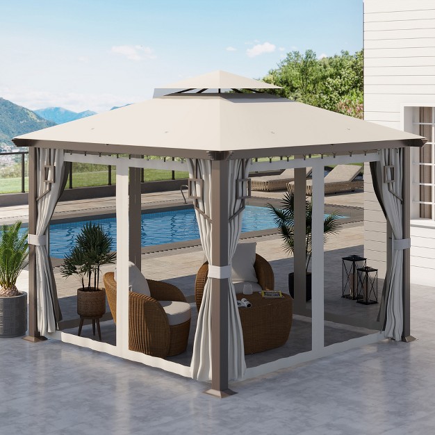 Outsunny 10 x27 X 10 x27 Patio Gazebo Outdoor Canopy Shelter With Aluminum Frame Double Tier Roof Netting And Curtains For Garden Lawn Cream White