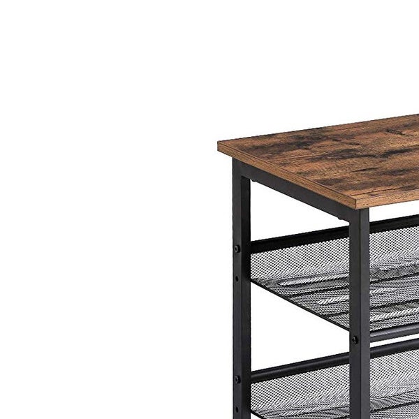 Wooden Side Table with Metal Mesh Shelves， Set of 2， Black and Brown - 19.7 H x 15.7 W x 15.7 L Inches