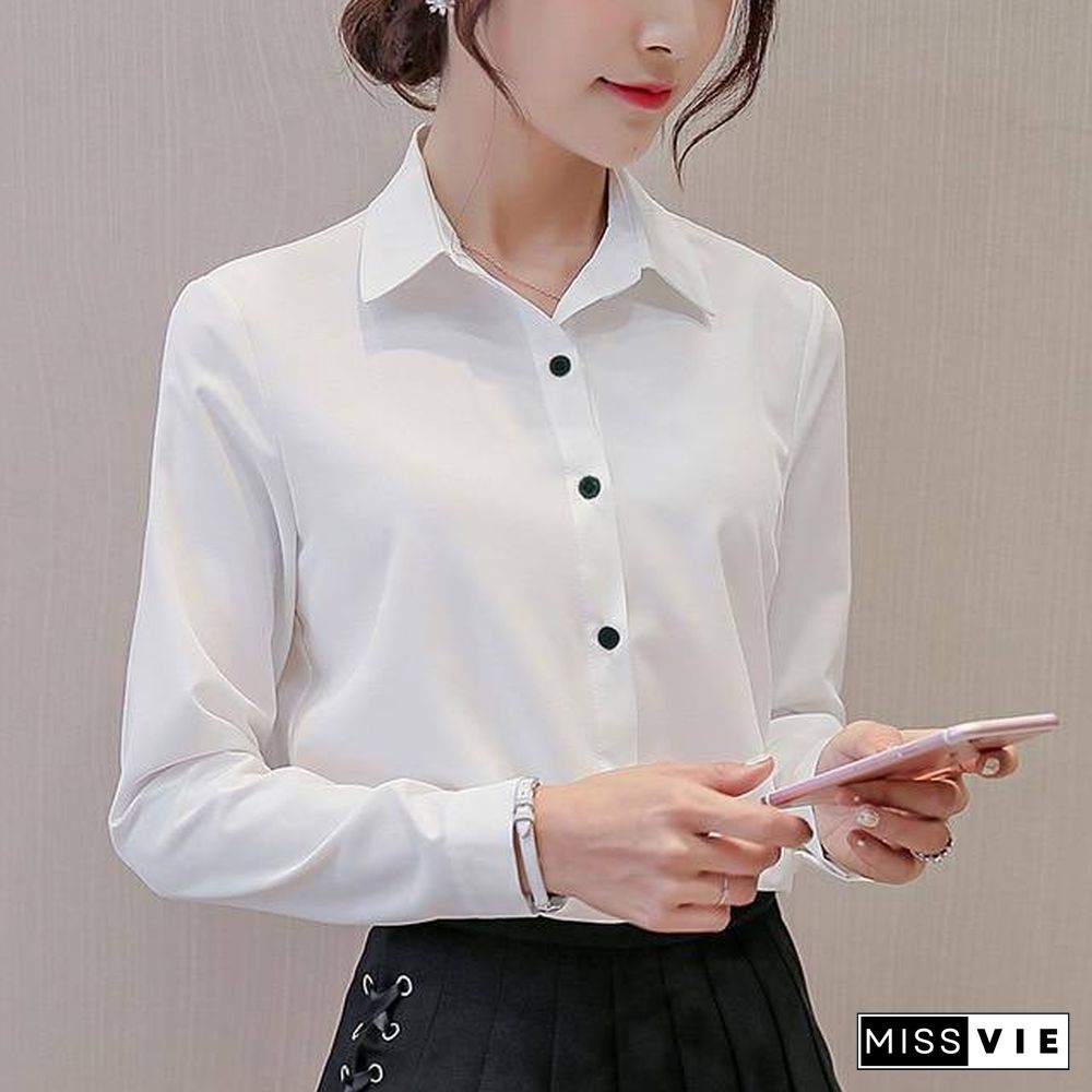 BIBOYAMALL White Blouse Women Chiffon Office Career Shirts Tops Fashion Casual Long Sleeve Blouses Femme Blusa