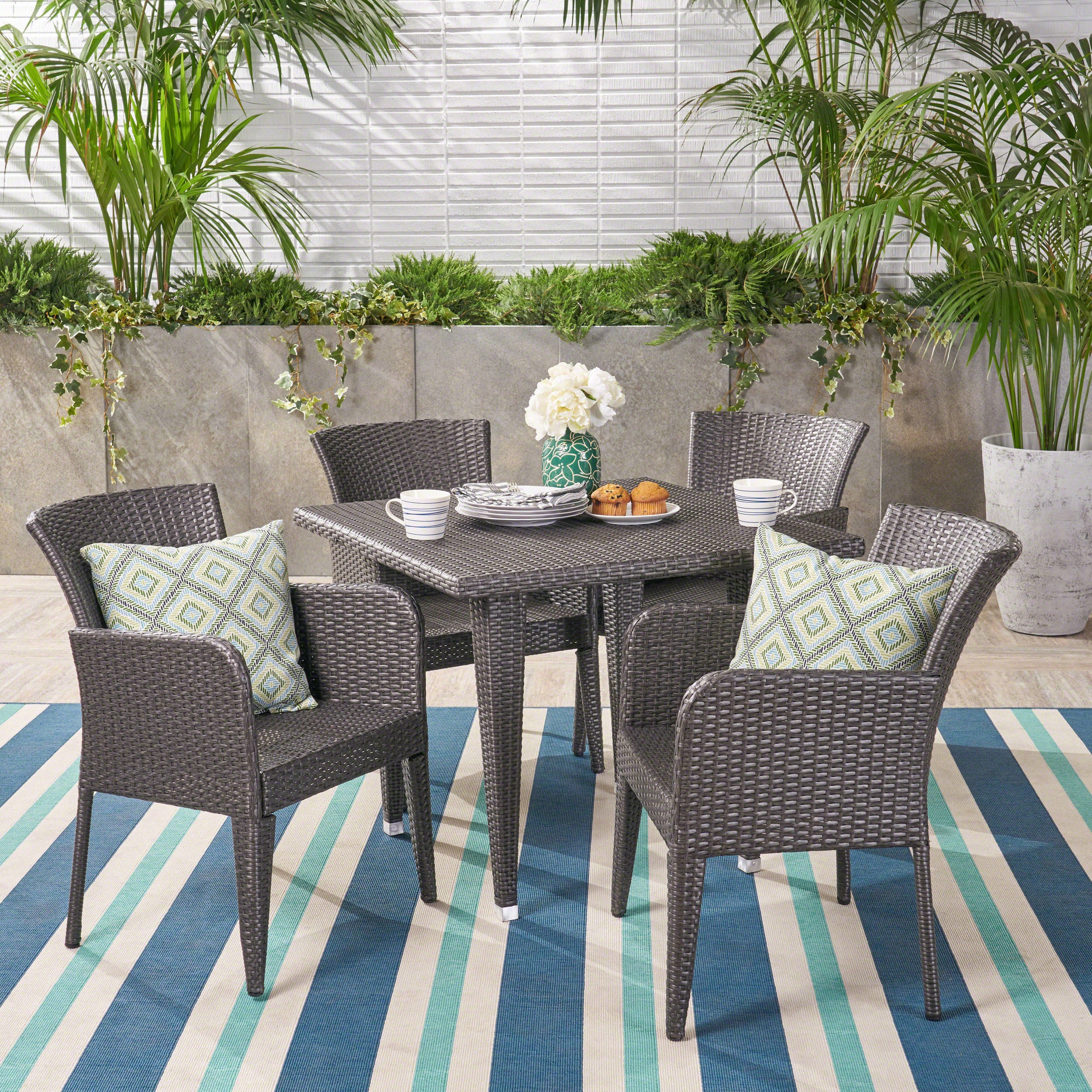 Hans Outdoor 5 Piece Wicker Dining Set, Grey