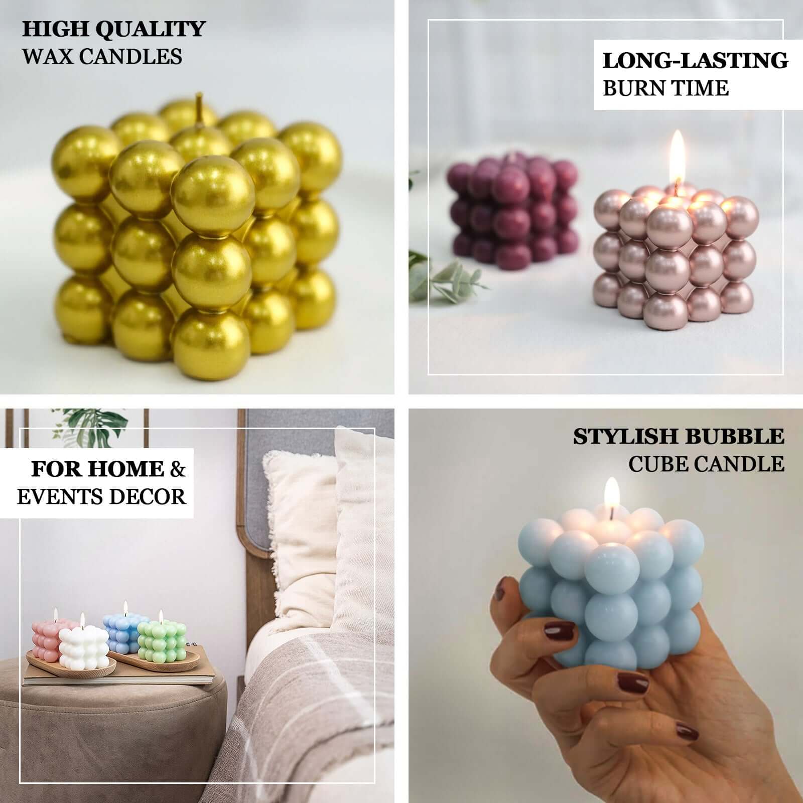 2 Pack White Bubble Cube Decorative Paraffin Wax Candle Set, Unscented Long Burning Pillar Candle Gift 2