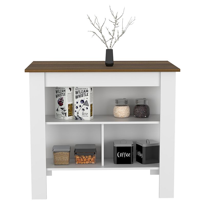 DEPOT E-SHOP Delos Kitchen Island， Four Legs， Three Shelves， White / Walnut