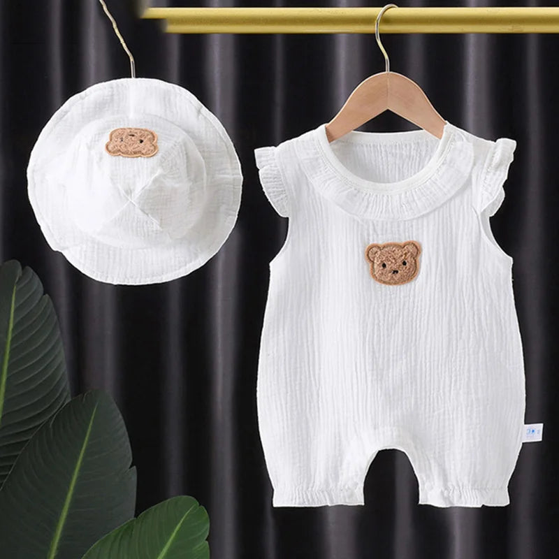 2Pcs Baby Summer Jumpsuits Hat Set Bear Muslin Newborn Romper for Boys Girls Clothes Toddler Onesie Infant Outfit Clothing