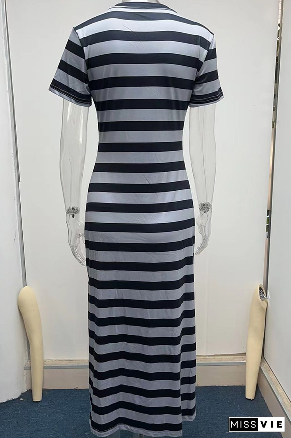 V Neck Split Stripes Dress