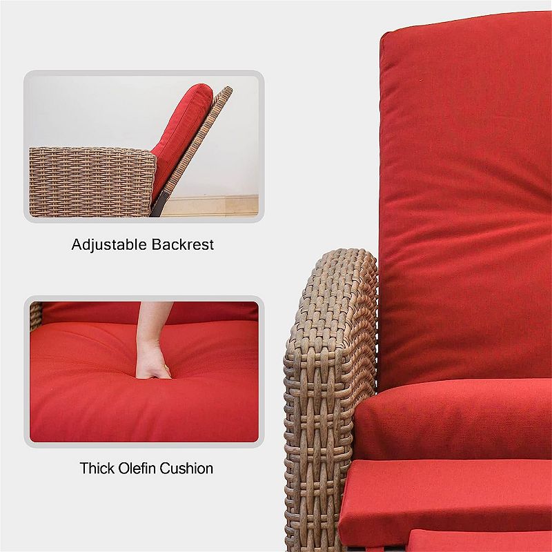 F.C Design Indoor and Outdoor Recliner， All-Weather Wicker Patio Chair， Red Cushion