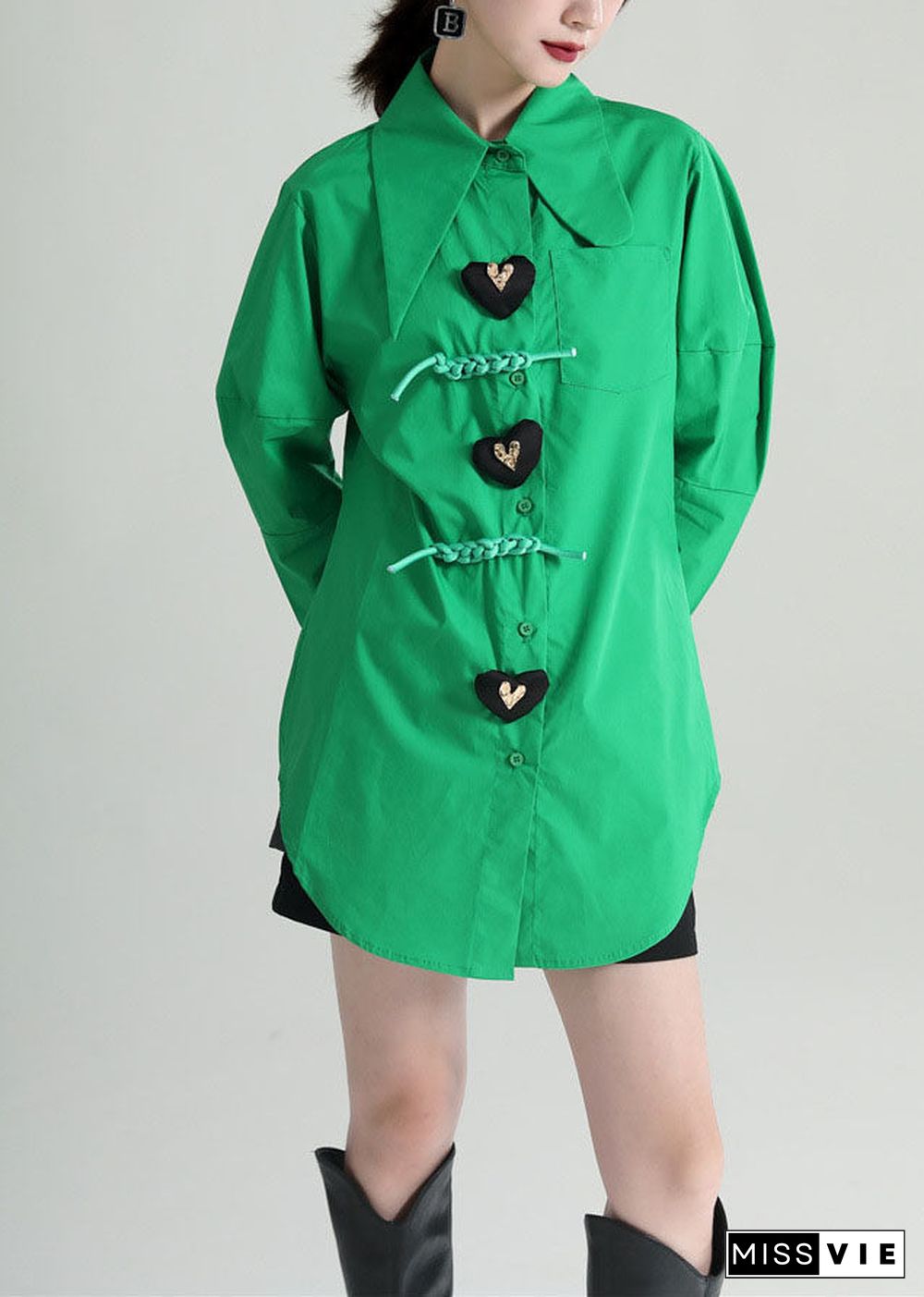 French Green Oversized Patchwork Love Applique Cotton Blouses Fall