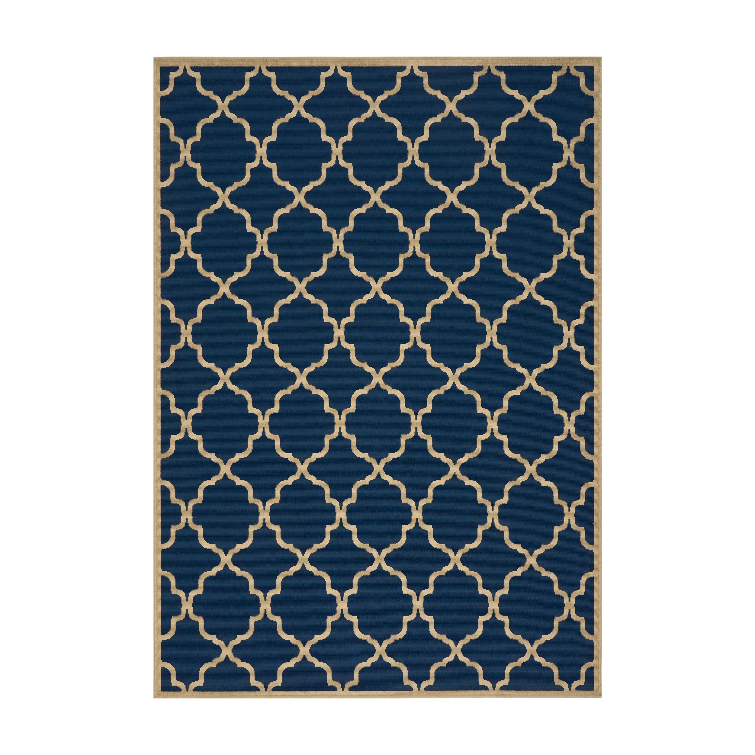 Hazel Outdoor Modern Navy Blue Area Rug with Ivory Quatrefoil Pattern