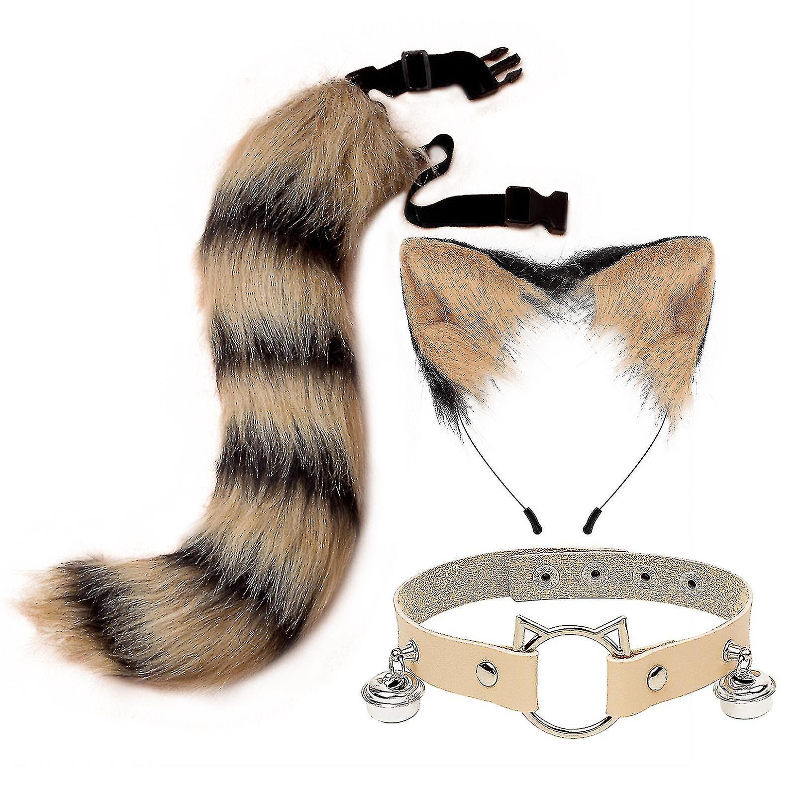 3pcs Cosplay Cat Cute Ears Headband Furry Fox Tail Bell Neck Choker Set Toys