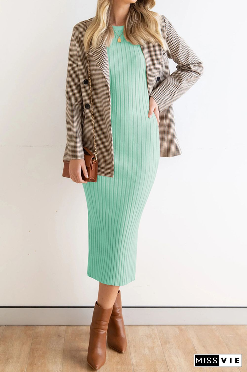 Plain Rib Knit Split Sleeveless Midi Dress