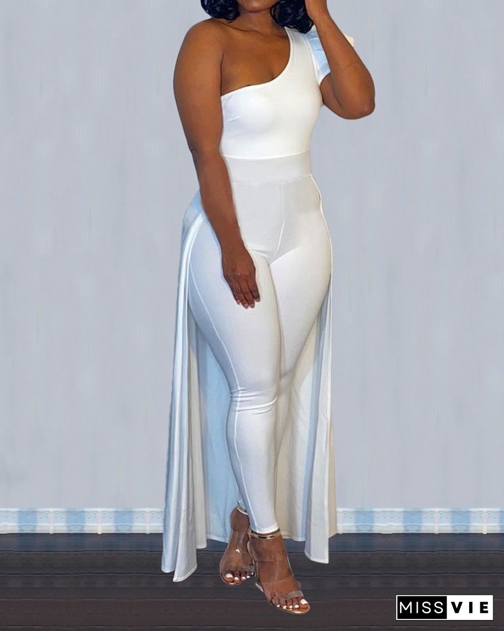 Solid Color One Shoulder Jumpsuit With Skirt