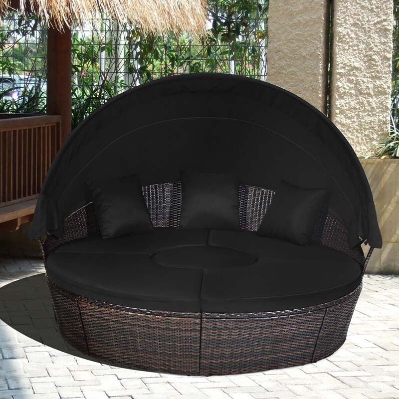 Rattan Wicker Patio Round Daybed with Retractable Canopy & Coffee Table, Outdoor Sectional Furniture Sofa Set