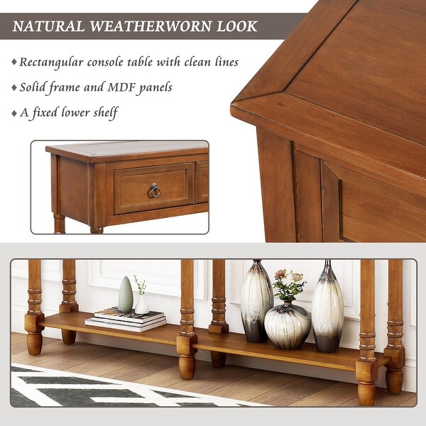 Rectangular Console Table Sofa Table with Drawers and Long Shelf， Walnut