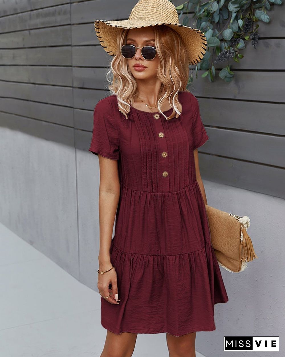 Women's Solid Color Dress Spring and Summer Short Sleeve Cotton Skirt