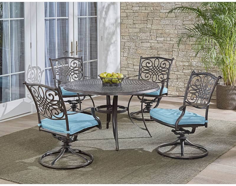 Hanover Traditions 5-Piece Outdoor Dining Set In Blue/Bronze With 4 Swivel Rockers， 48 Cast-Top Table