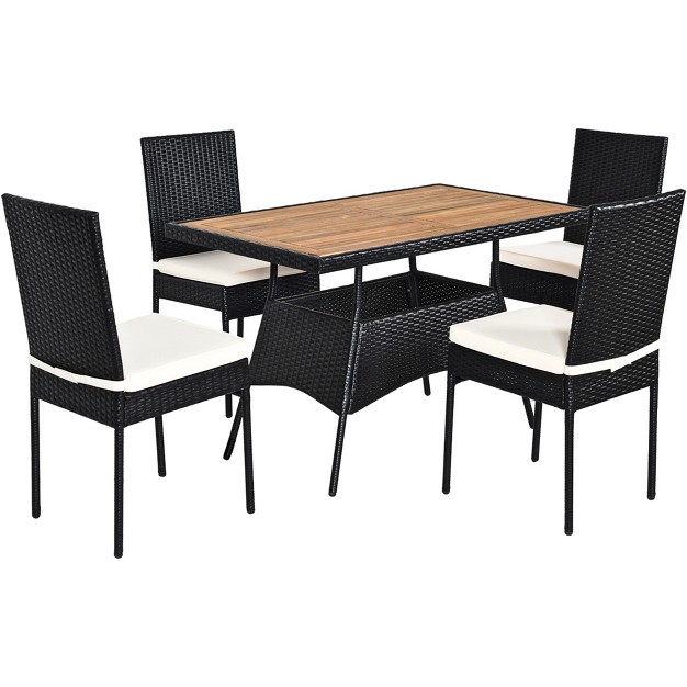 Tangkula 5pcs Outdoor Rattan Wicker Dining Set Acacia Wood Table amp 4 Chairs With Cushions