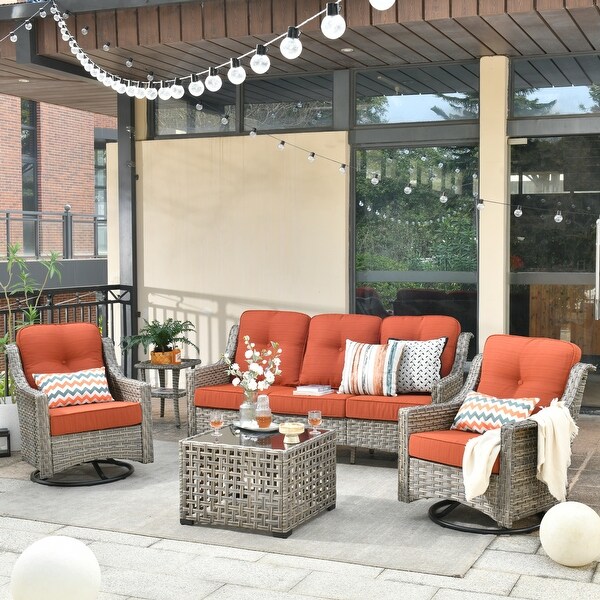 HOOOWOOO 5piece Patio Wicker Furniture Conversation Set with Swivel Chair and Coffee Table