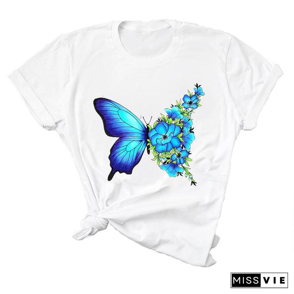 Women flower butterfly lovely style printing tshirt casual T tee top fashion clothes cartoon print lady female clothing graphic short sleeve t-shirt