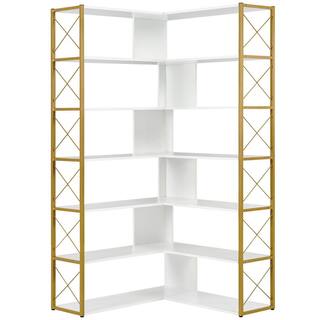 Angel Sar 37.40 in. Wide Golden and White Wood 7-Tier L-Shaped Bookcase Corner Bookcase with Metal Frame AD000273