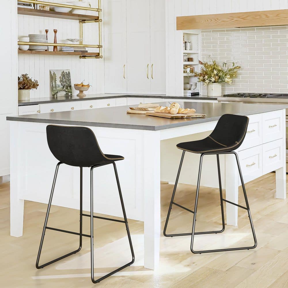 LUE BONA Faux Leather Bar Stools Metal Frame Counter Height Bar Stools(Set of 2) LB21CH0022-900