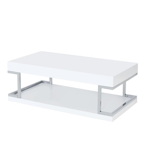 High Gloss Contemporary Coffee Table with Bottom Shelf， White and Silver