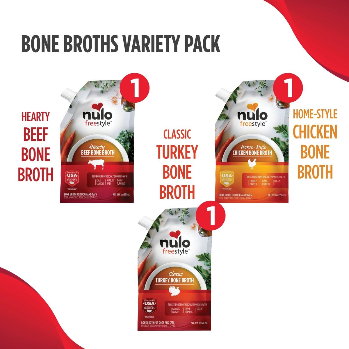 Nulo FreeStyle Grain-Free Bone Broth Variety Pack Dog and Cat Topper， 20-oz pouch， case of 3