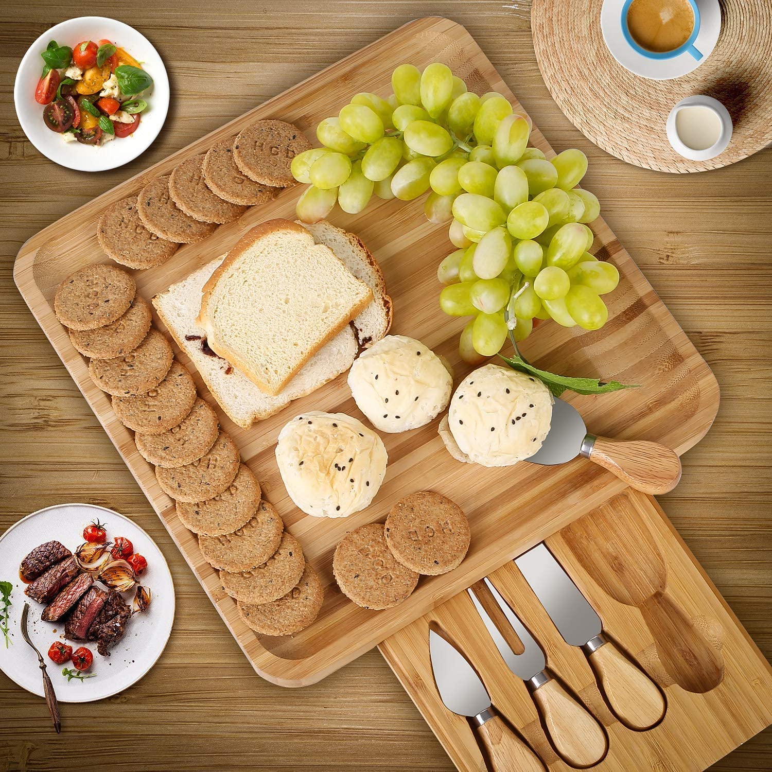 Bamboo Cheese Board Cheese Platter with Utensils Set and 4 Stainless Steel Cutting Knives Cracker and Meat Serving Tray for Display， Decorations， and Cheese Lovers