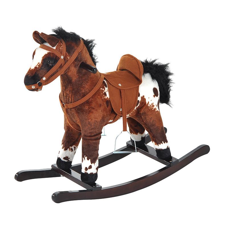 Qaba Kids Metal Plush Ride On Rocking Horse Chair Toy With Realistic Sounds   Dark Brown/White