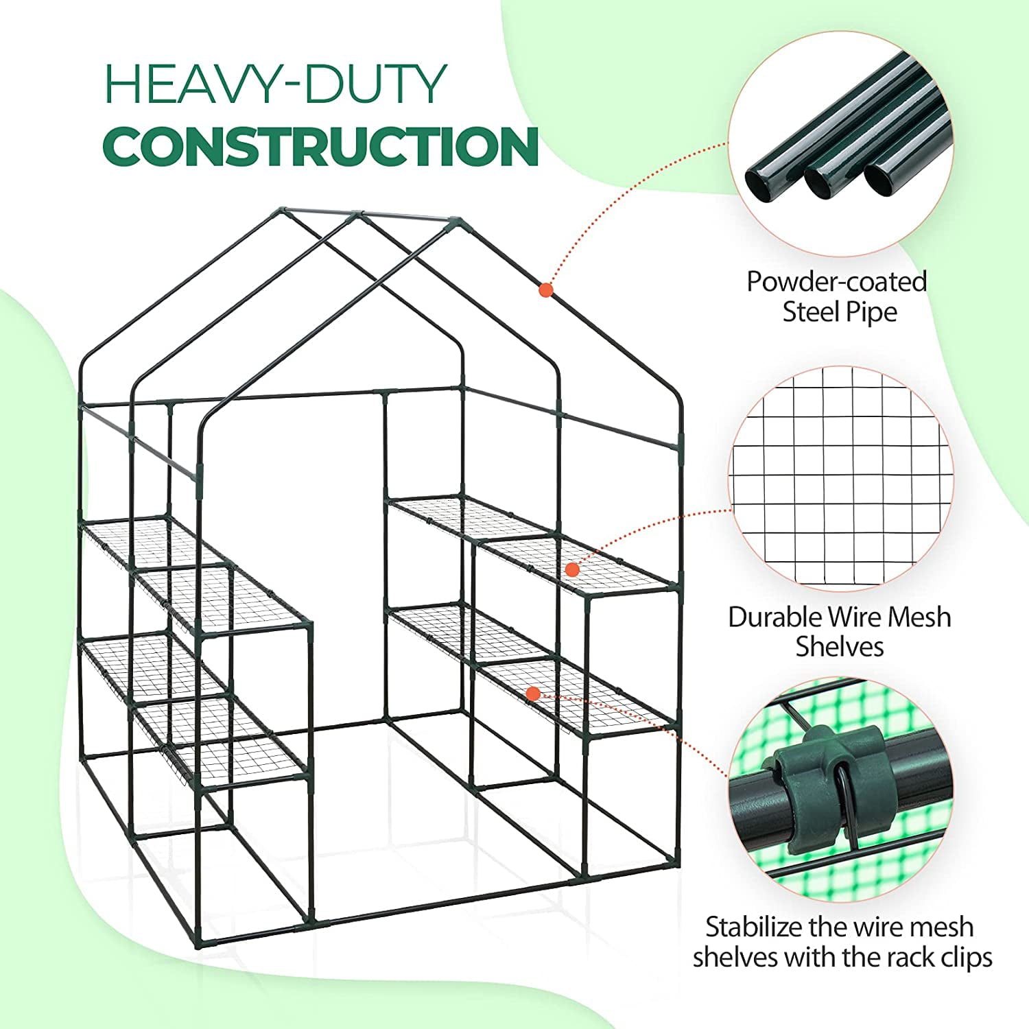 EAGLE PEAK Walk-in Greenhouse 2 Tiers 8 Shelves with Roll-up Zipper Door and 2 Side Mesh Windows, Outdoor Indoor Portable Gardening Plant House 56'' x 56'' x 77'' , Green