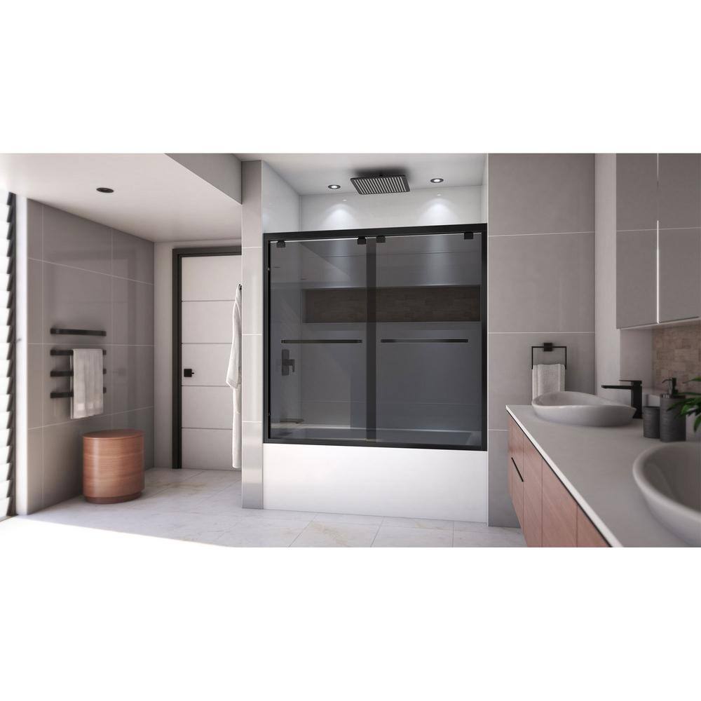 DreamLine Encore 60 in. W x 58 in. H Sliding Semi Frameless Tub Door in Satin Black Finish with Gray Glass SHDR-166058G-09